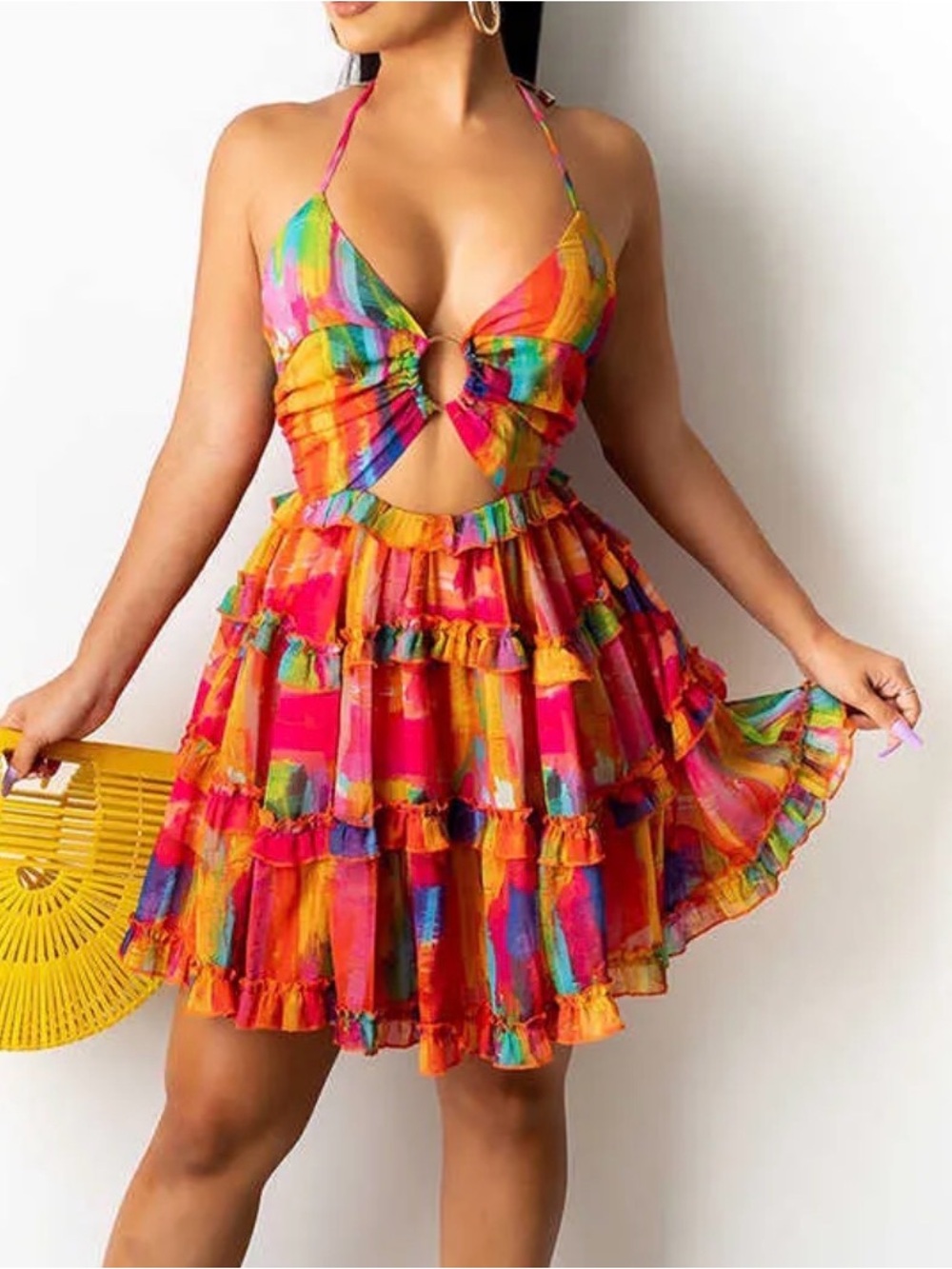 Multicolor Ruffle Halter Mini Dress with Cutout